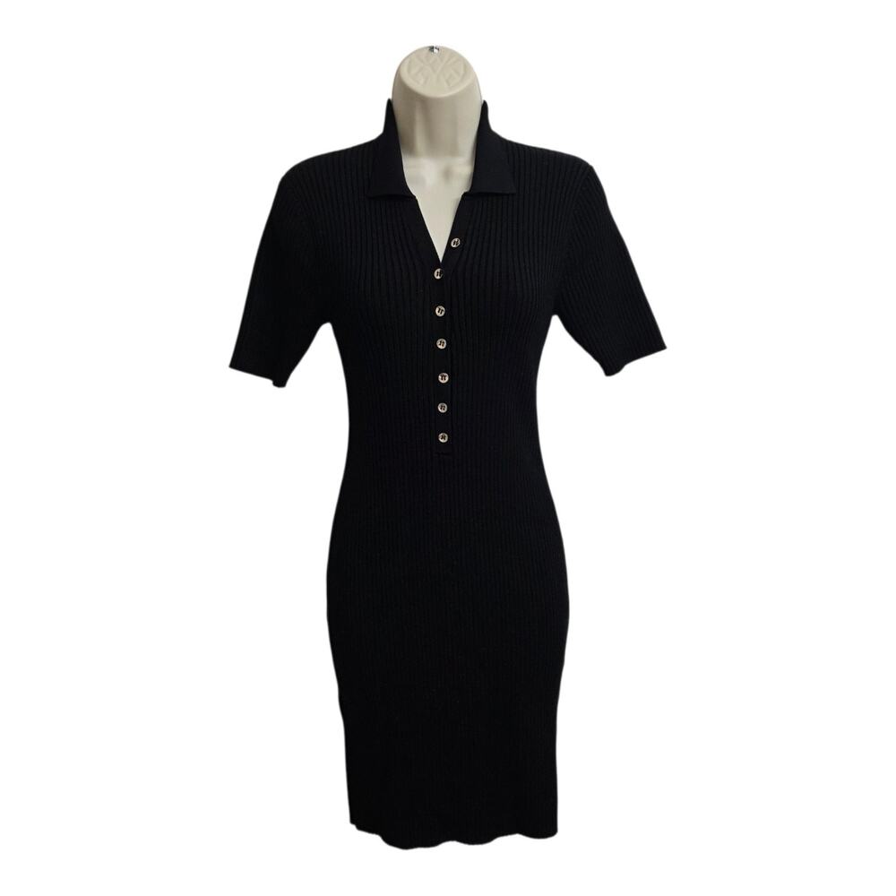 Guess By Marciano Black Ribbed Polo Midi Dress Black Bodycon Button Front Sz S